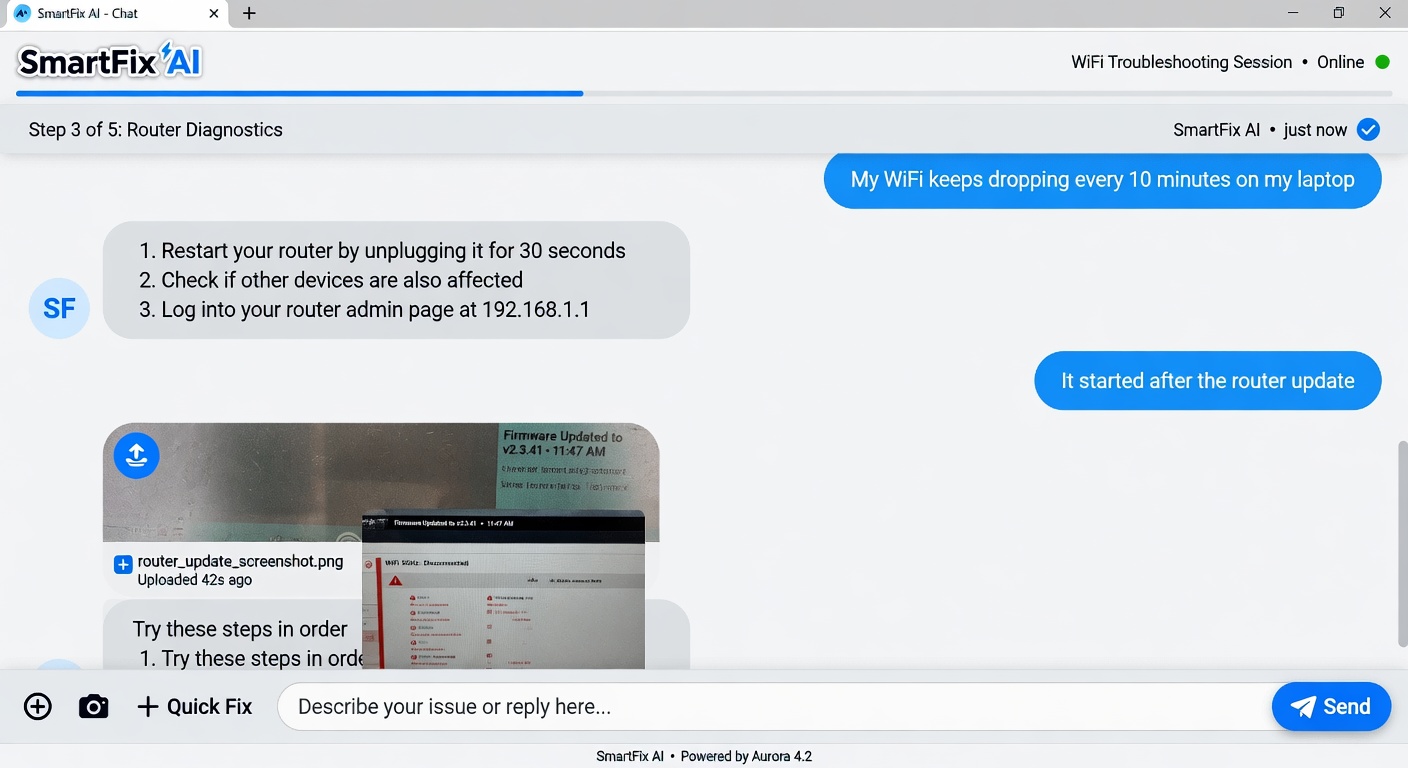 MyTech-Fix troubleshooting conversation example showing a user fixing WiFi issues with step-by-step AI guidance